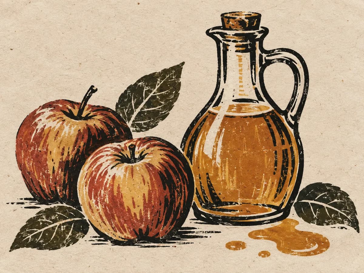 Linocut still life of apples, leaves, and an unlabelled vinegar cruet