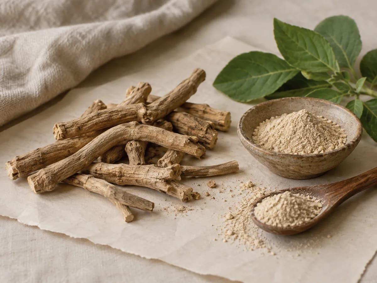 Ashwagandha roots, leaves, and ground root powder on natural paper