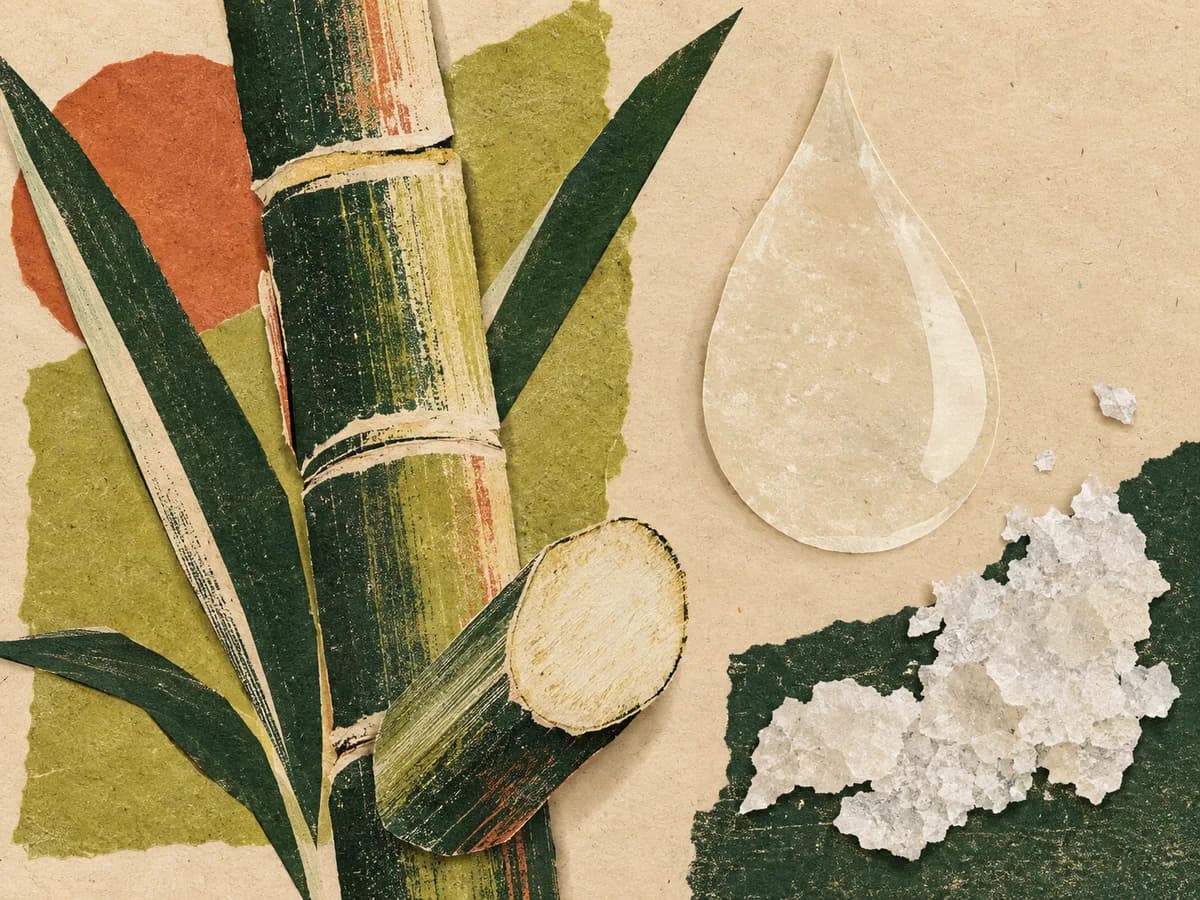 Cut-paper collage of sugar cane, translucent liquid, and crystalline texture