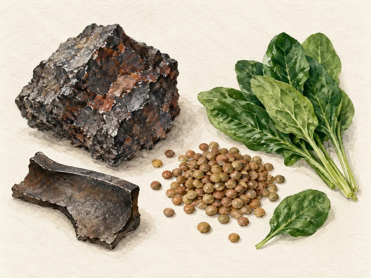 Watercolor study of an iron-rich mineral, lentils, and leafy greens