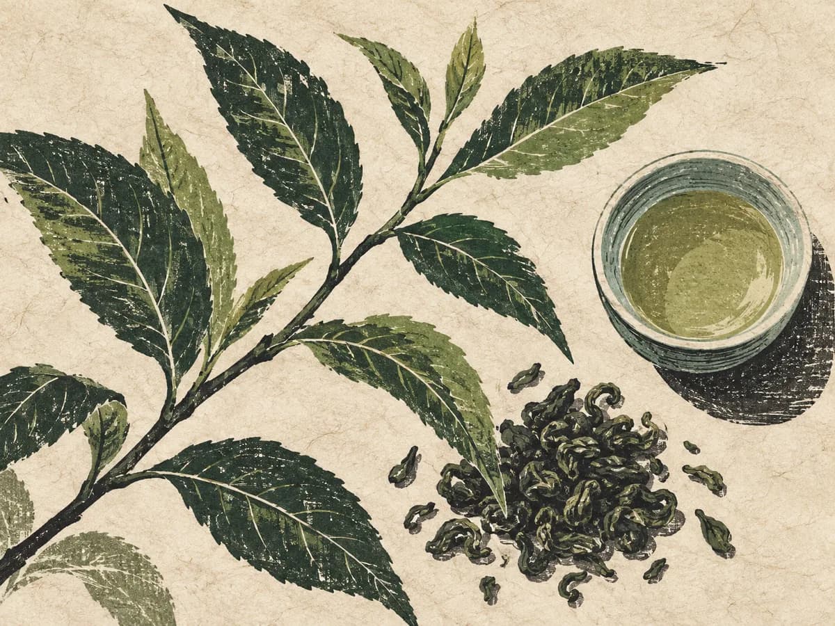 Woodblock-style tea branch, loose leaves, and a small ceramic cup