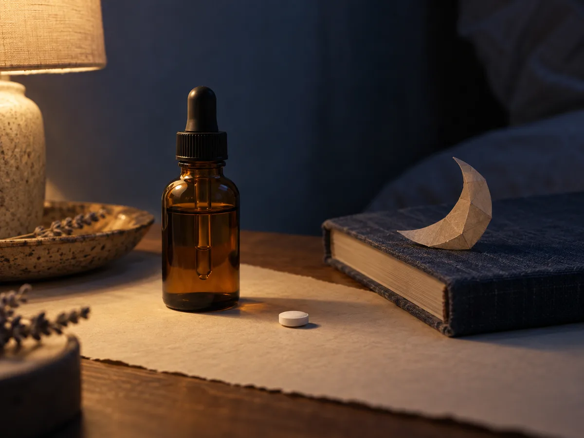 Nighttime still life with an amber dropper, plain tablet, book, and paper moon