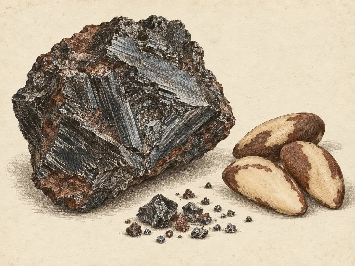 Engraved mineralogical study of a dark mineral specimen and Brazil nuts
