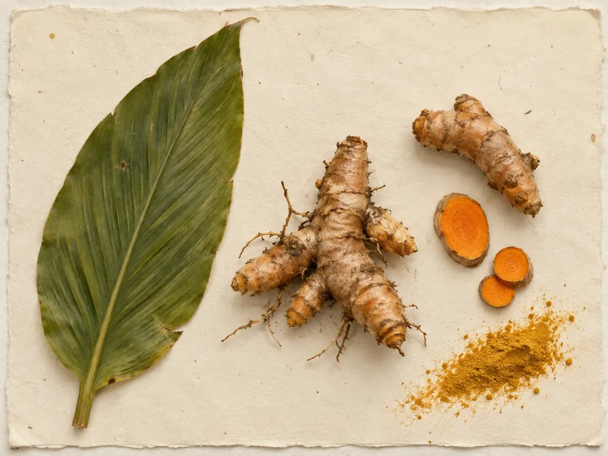 Herbarium-style arrangement of turmeric rhizomes, leaf, and golden powder